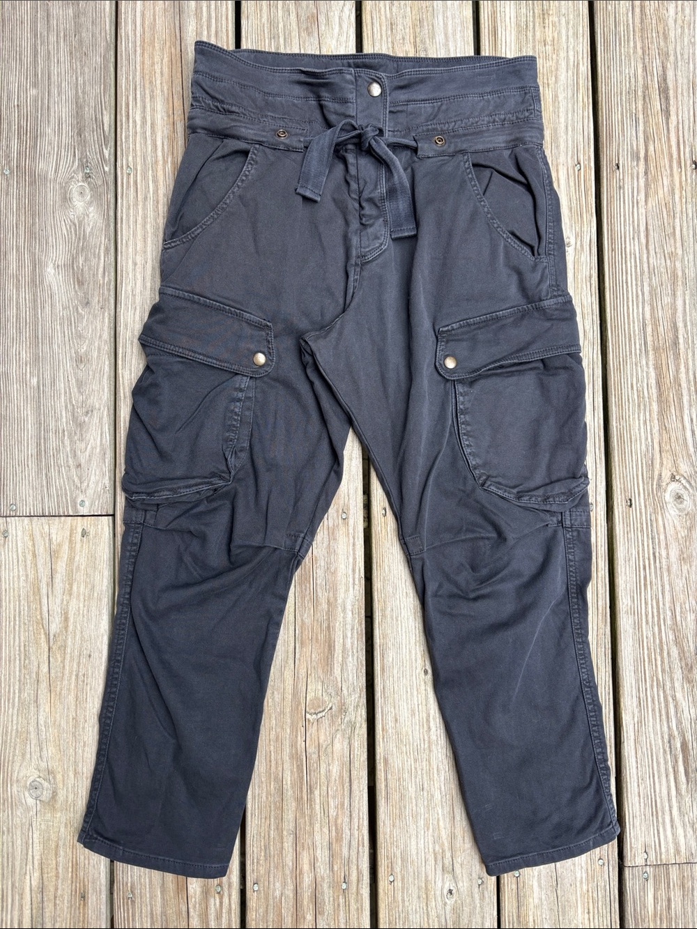 ZARA | Black Denim Utility Cargo Belted High-Rise Cropped Pants | Size‎ M